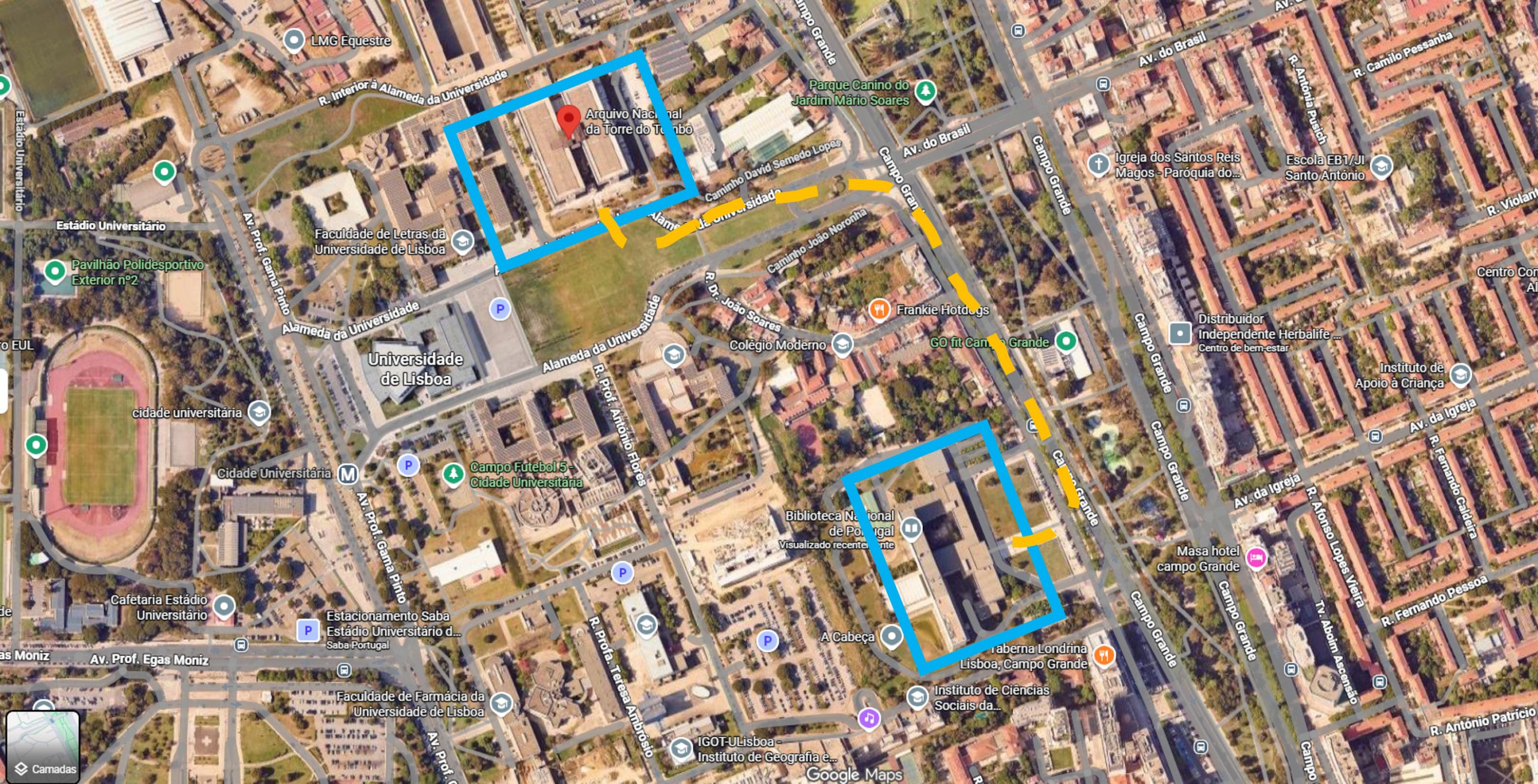 Mapa com a localização da Biblioteca Nacional de Portugal e da Torre do Tombo